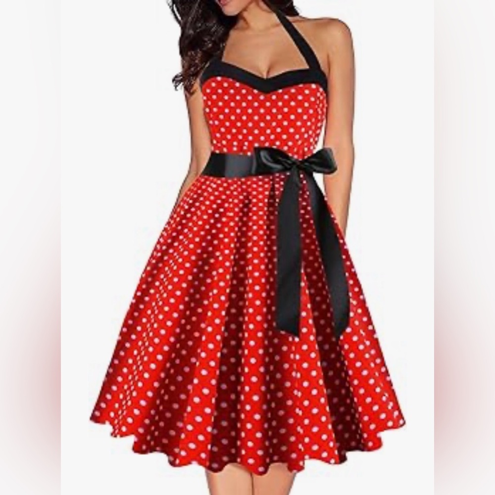 Vintage style 1950-s polka dot dress Rockabilly pin-up. Halter. Red white M. NWT